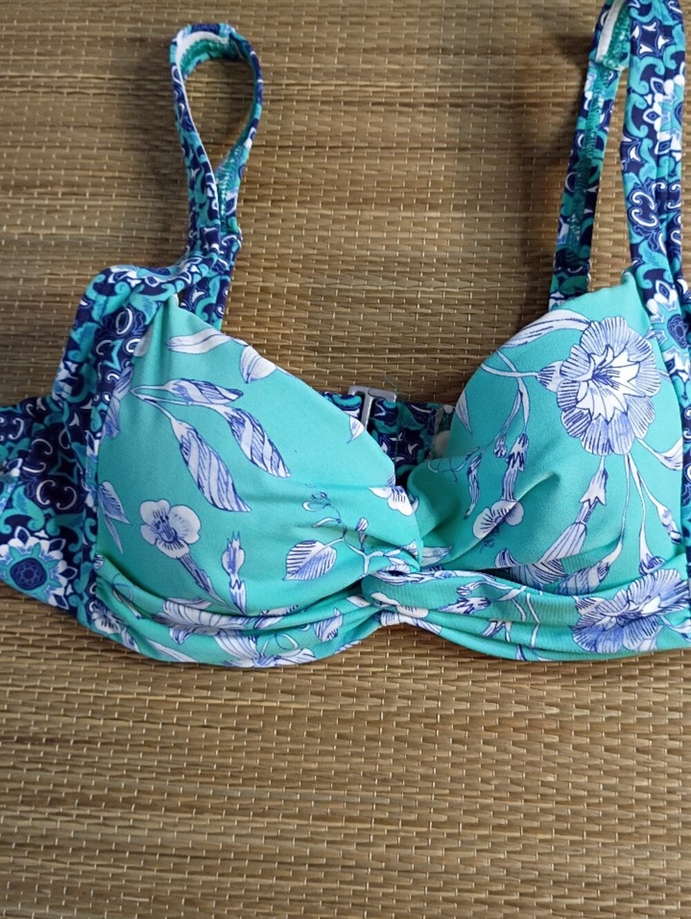 Lands' End Navy and Aqua Paisley Swim Top